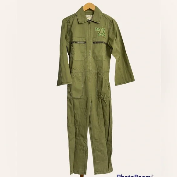 Sandrine Rose FREE PEOPLE Tre’s Cool Army Green Khaki Deep Front Zip Jumpsuit M - Picture 5 of 6